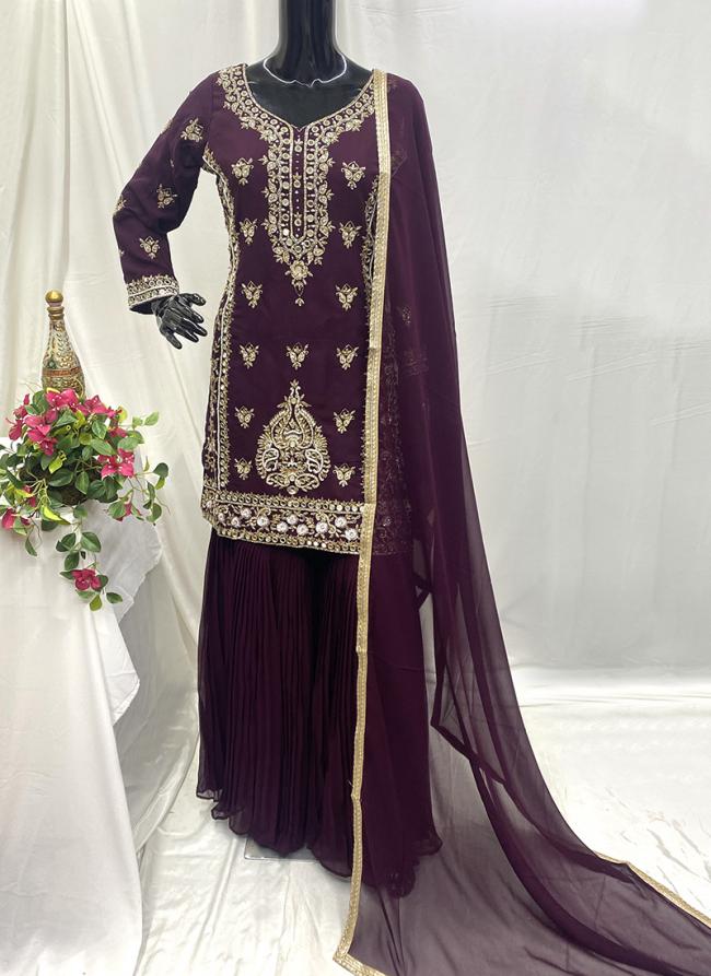 Georgette Purple Party Wear Hand Work Readymade Sharara Suit